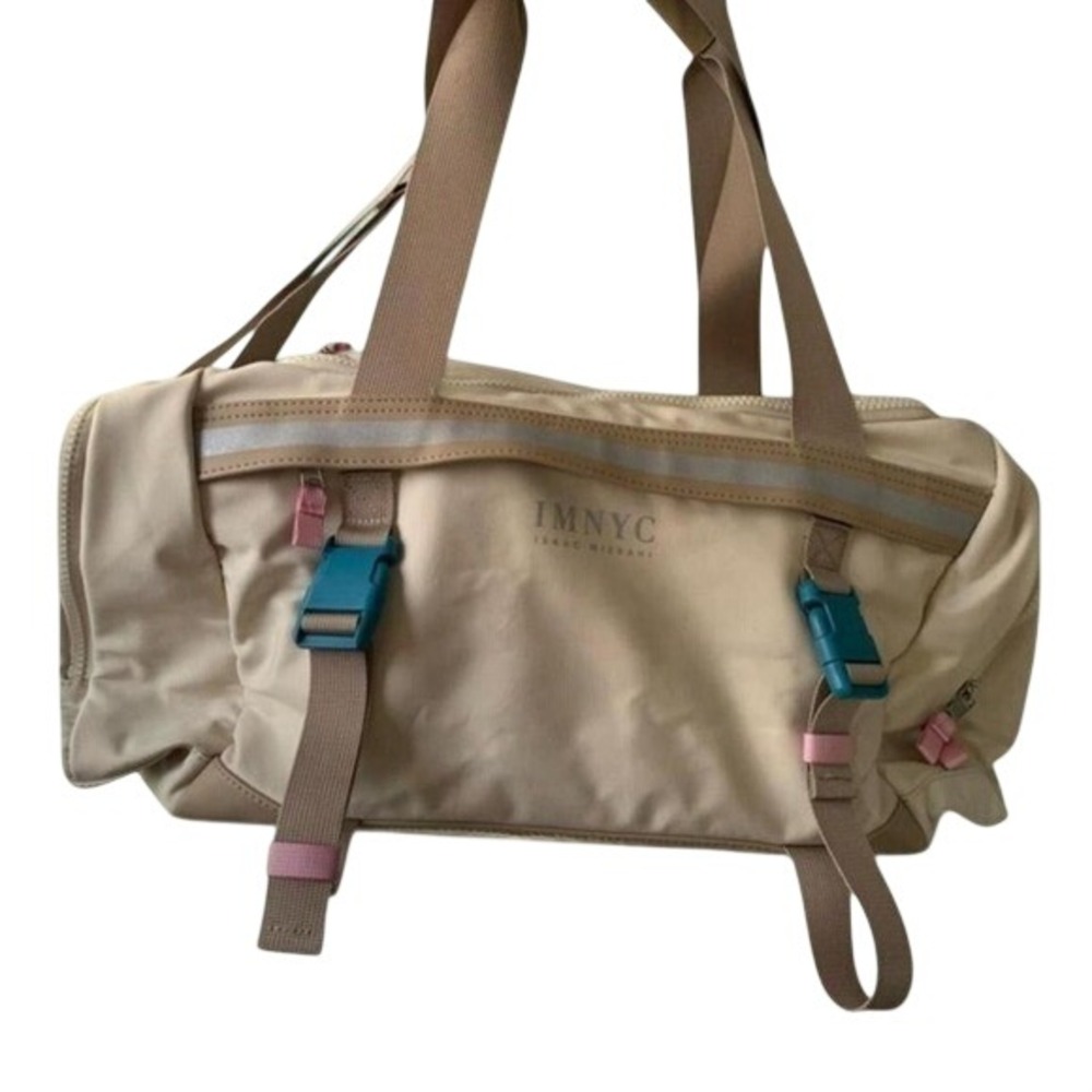 IMNYC Isaac Mizrahi Beige Nylon Duffel Bag Pink‎ Teal Accents Weekend Gym Travel